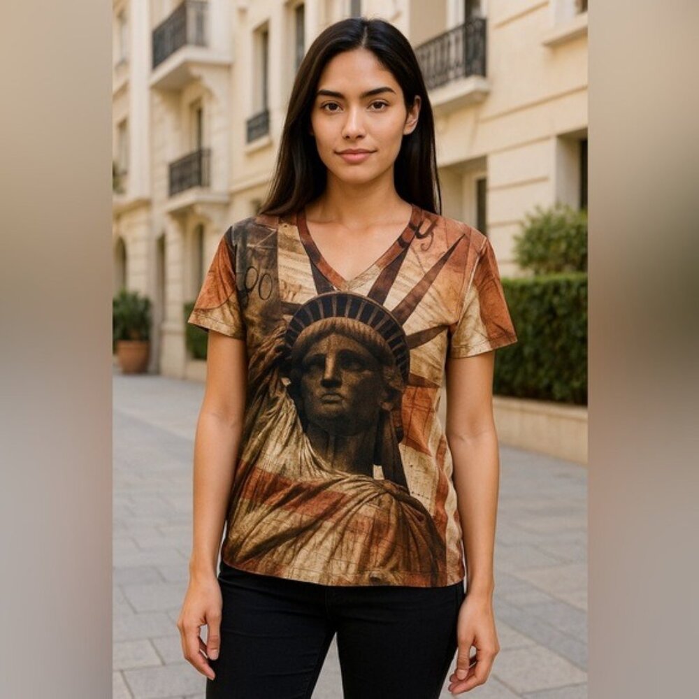 True Rock Statue of Liberty Sublimation V-Neck Tee 2XL USA Graphic Streetwear